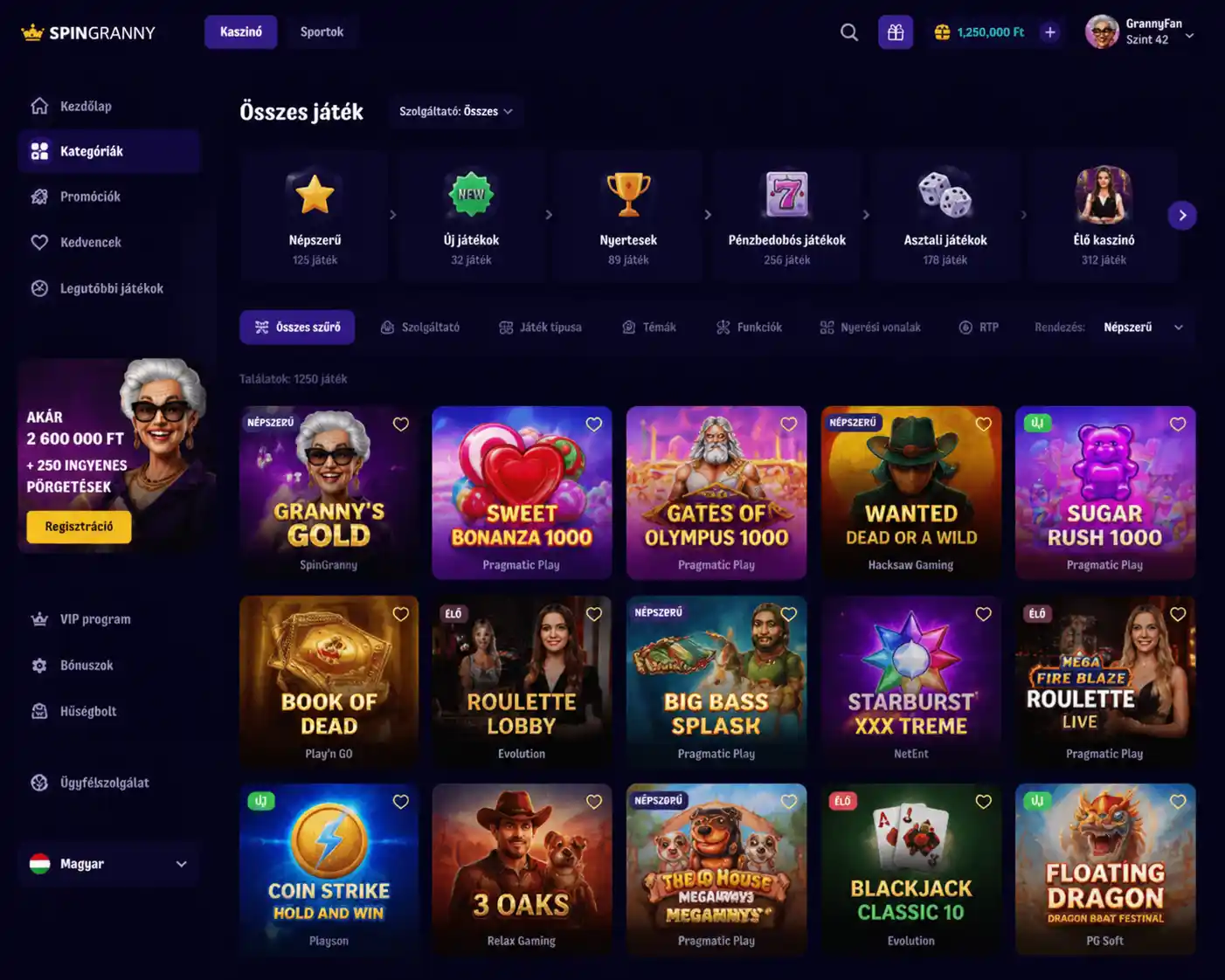 SpinGranny játéklobby kategóriaszűrőkkel
