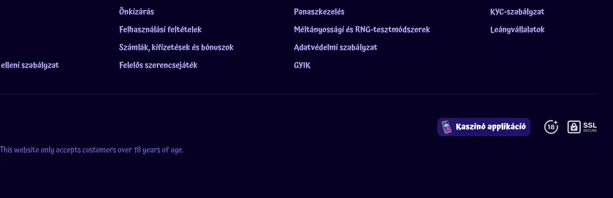 SpinGranny licencszám és SSL tanúsítvány a láblécben
