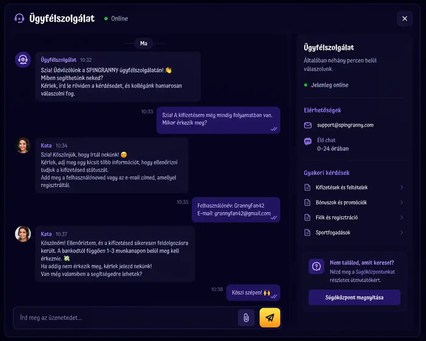 SpinGranny élő chat ablak magyar nyelven
