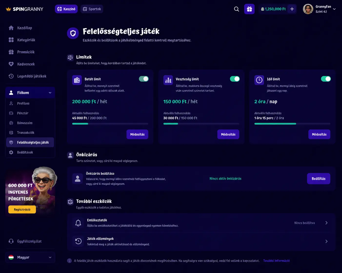 SpinGranny felelős játék beállítások